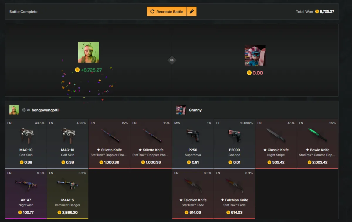 Chicken.GG Case Battle result screen with CS2 skin drops