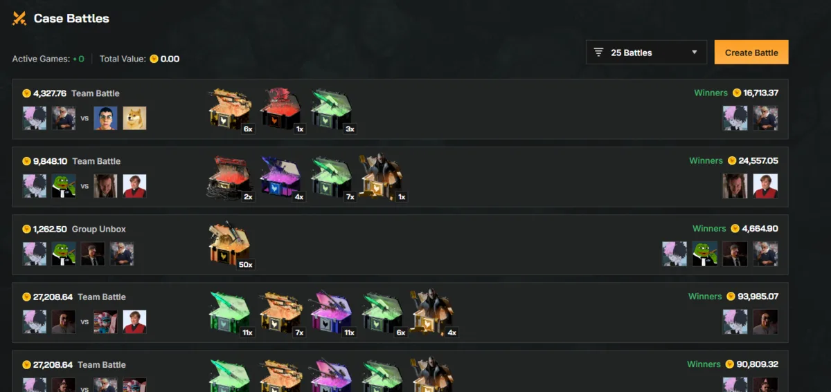 Chicken.GG Case Battles lobby showing team and group battles