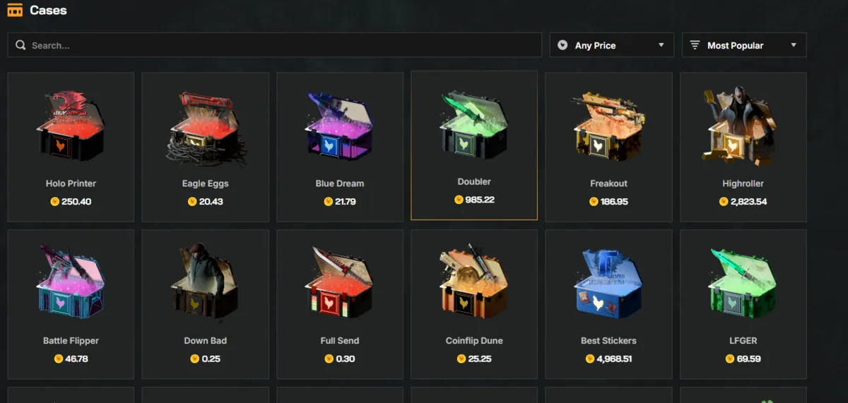 Chicken.GG cases list with CS2 case prices and designs