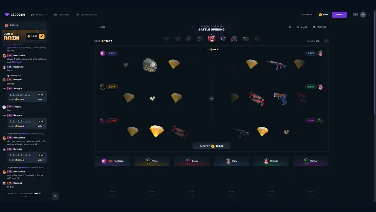 CSGOGem Case Battles screen with multiplayer CS2 case openings