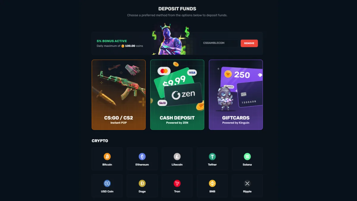 CSGOGem deposit page with skin crypto and gift card options