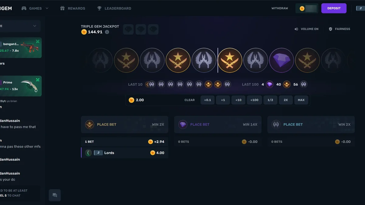 CSGOGem Double roulette game screen
