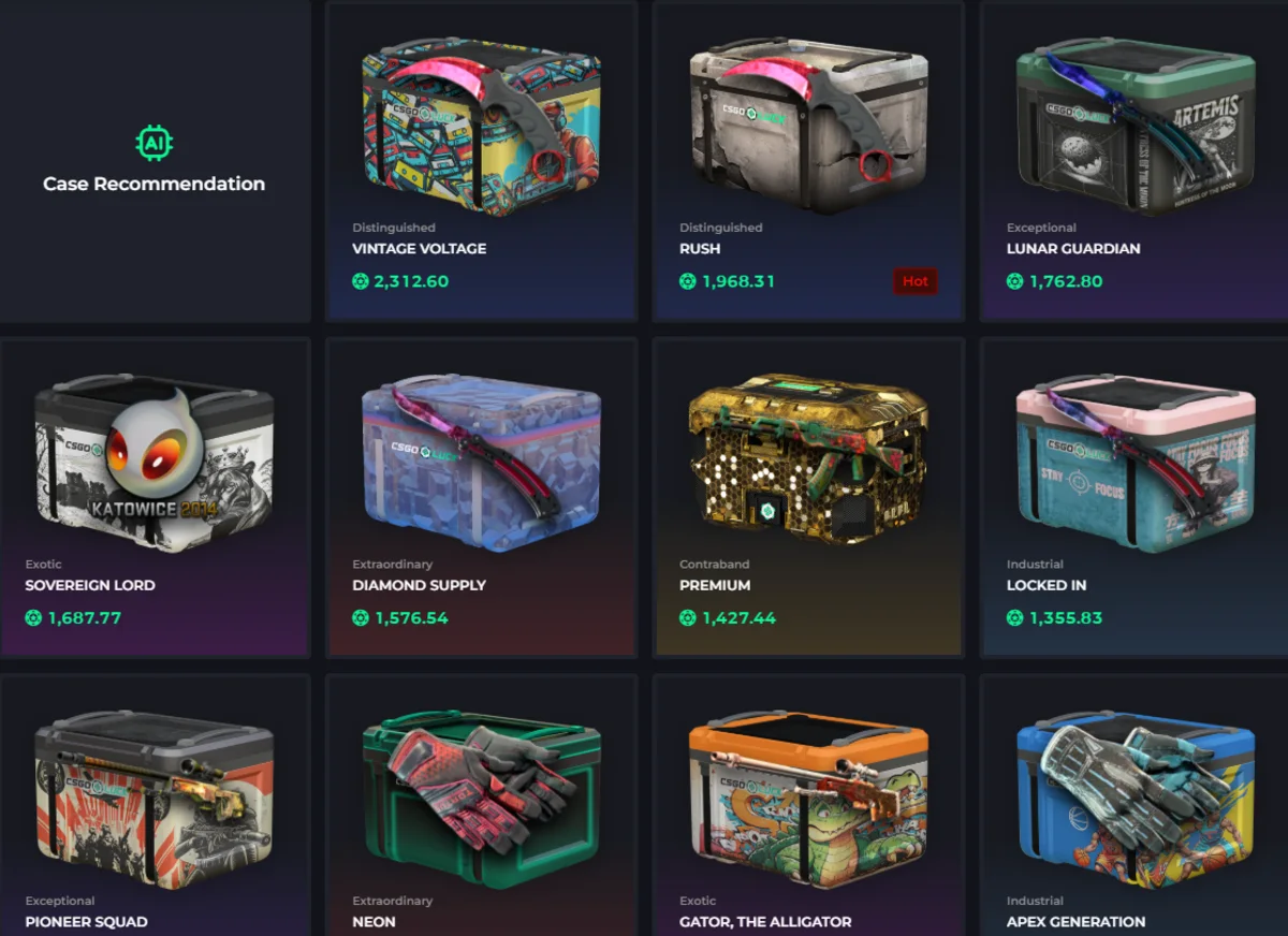 CSGOLuck CS2 case opening case selection screen