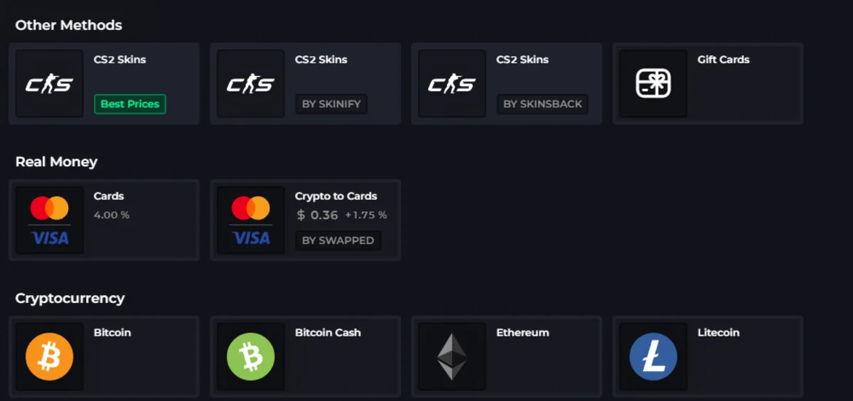 CSGOLuck payment methods including CS2 skins cards and crypto