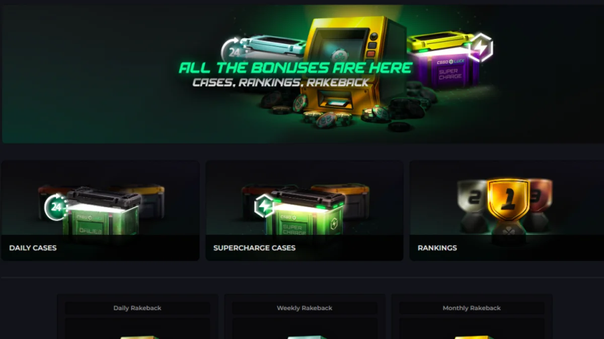 CSGOLuck rewards page with daily cases and rankings