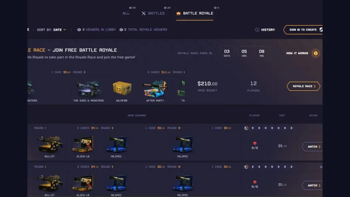 DatDrop Battle Royale lobby with multiple CS2 case rounds