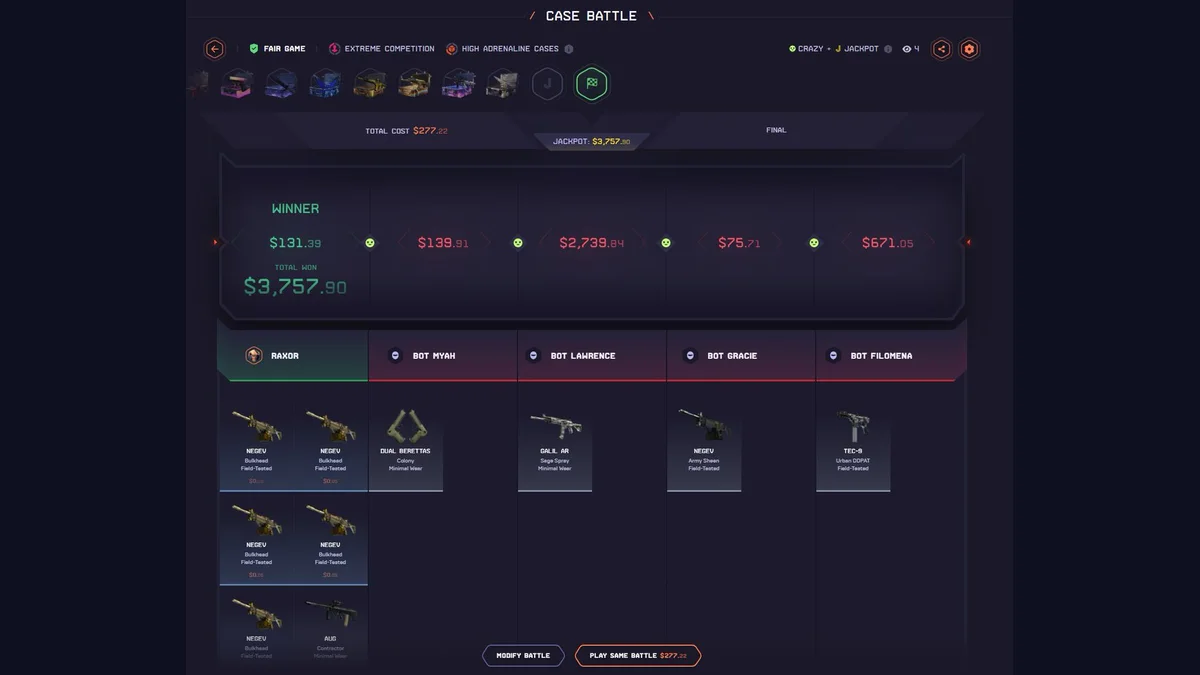DatDrop Case Battles interface showing players and CS2 skin results