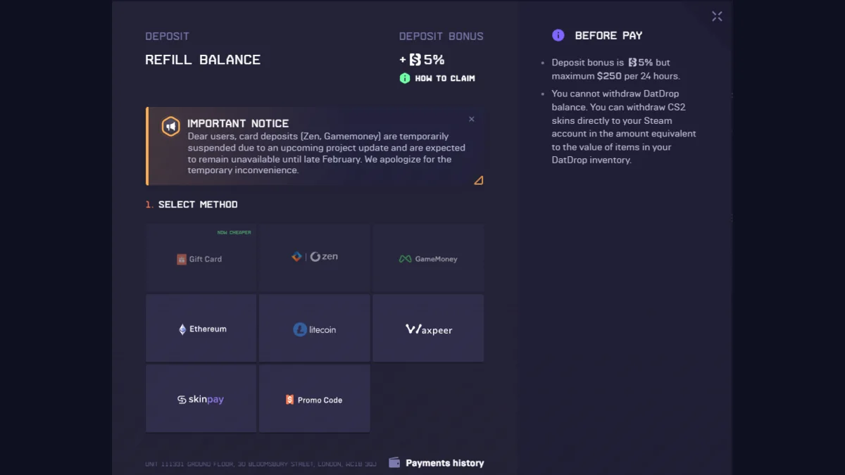 DatDrop deposit screen with payment and promo code options