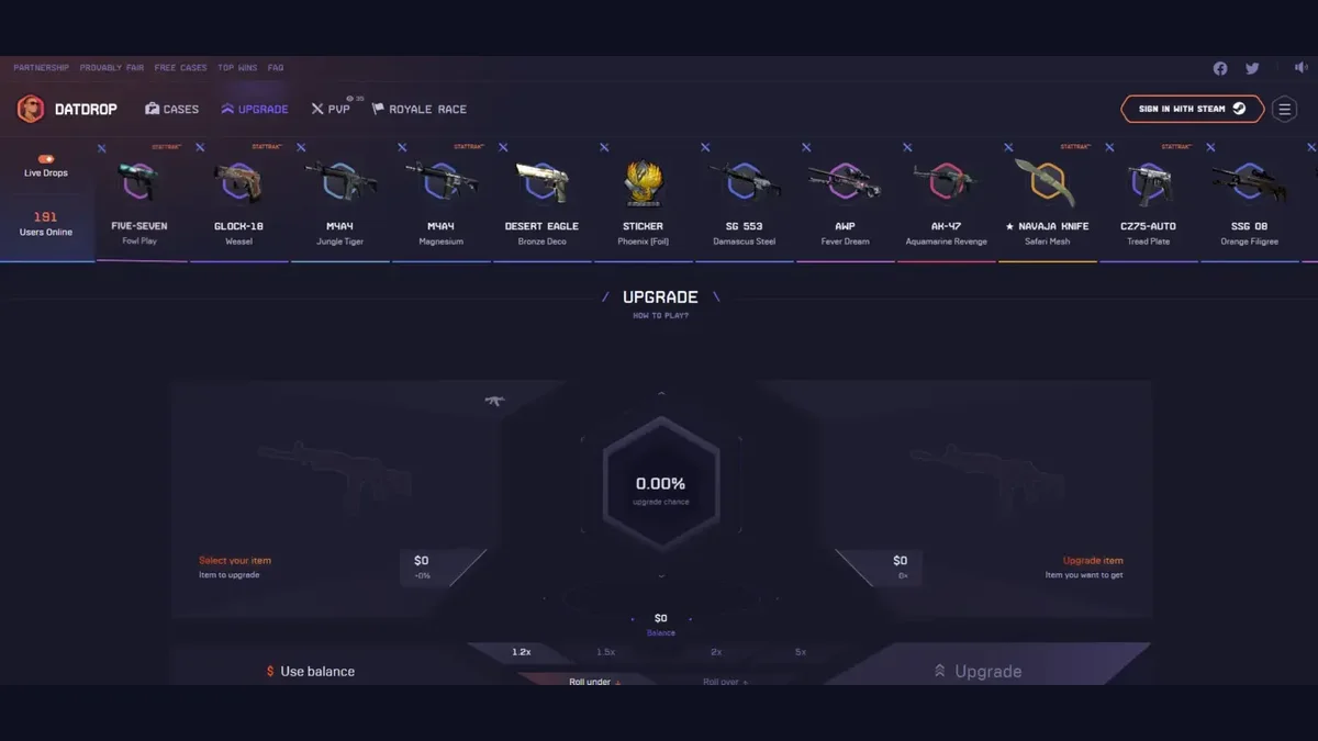 DatDrop CS2 skin Upgrade interface with target item and probability