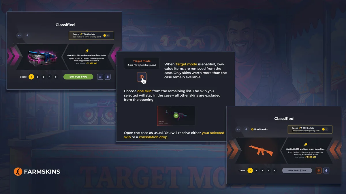 Farmskins promo code CSGONAV and Target Mode case opening interface