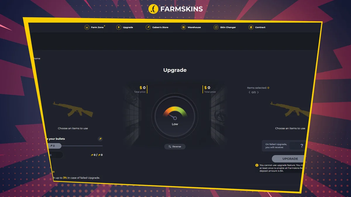 Farmskins CS2 skin Upgrader interface