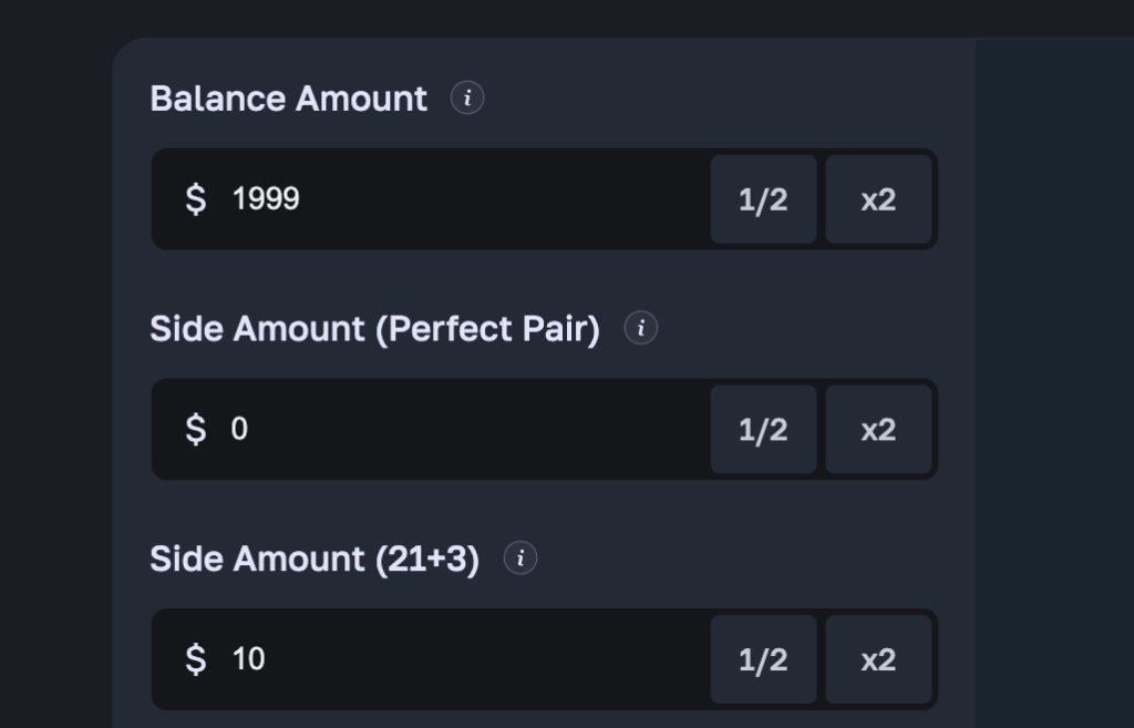 LuxDrop Blackjack main bet and side bet interface